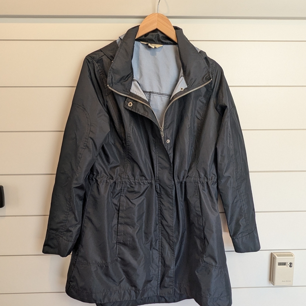 Woolrich Black Windbreaker Trench Coat Drawstring Waist Size Large Spring Layers